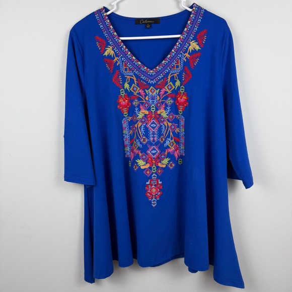 Calessa Tops - Calessa Embroidered Tunic Top Womens Large Blue Boho Peasant 3/4 Sleeve V-Neck